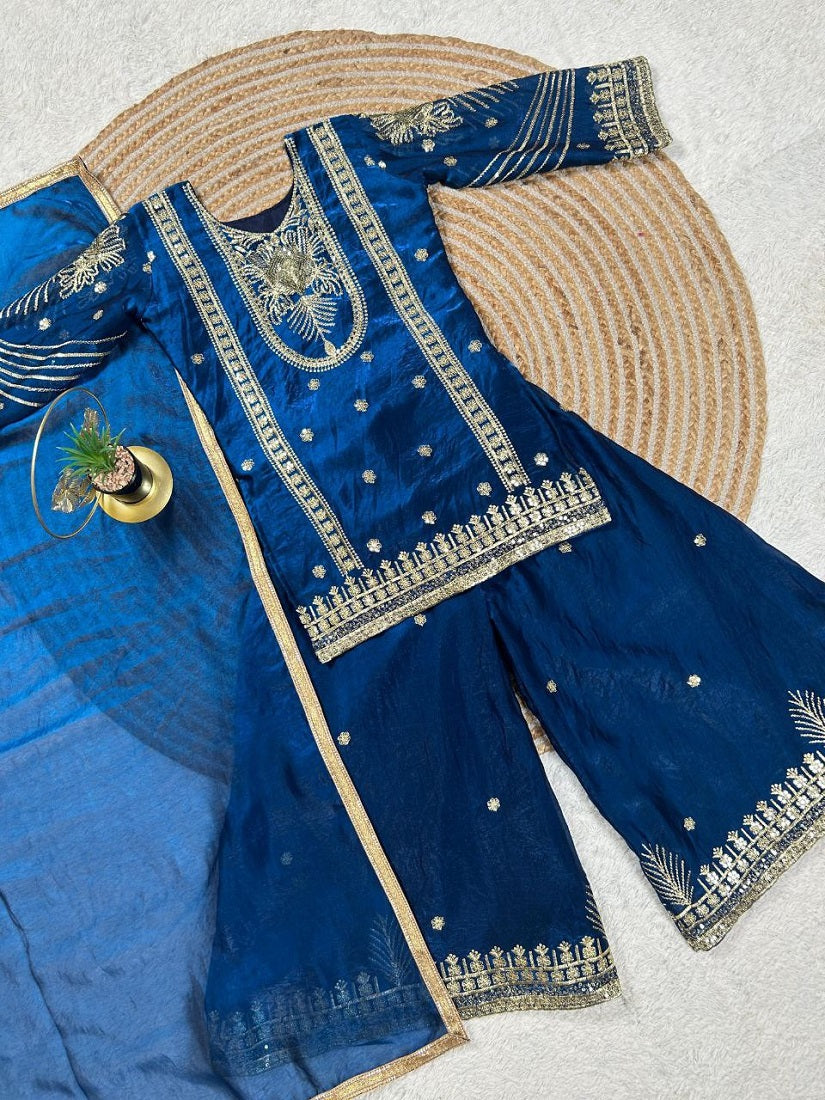 Evanik Blue Embroidered Sequence Work Fendy Silk Kids Kurta Set | Grocsy
