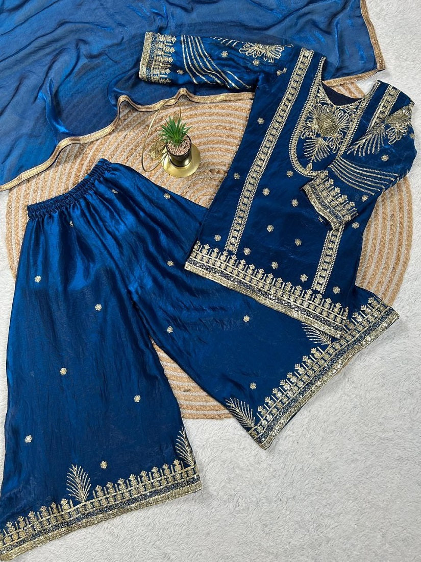 Evanik Blue Embroidered Sequence Work Fendy Silk Kids Kurta Set | Grocsy
