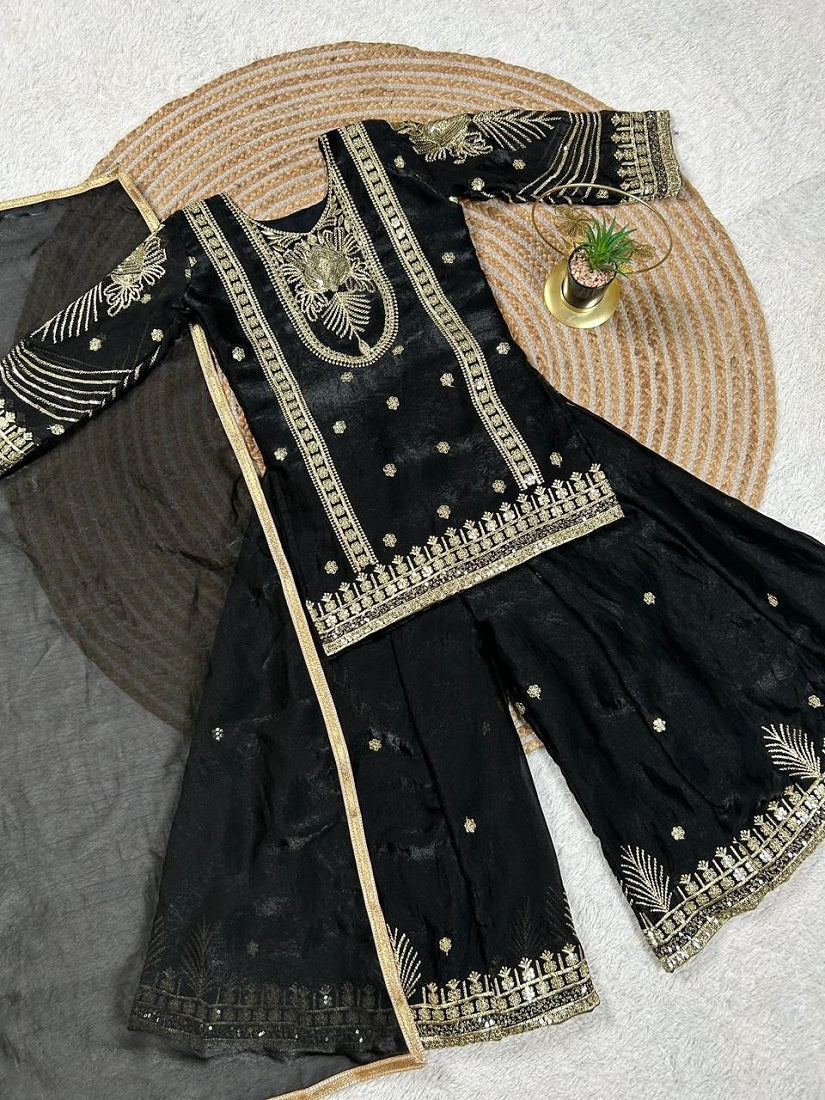 Evanik Black Embroidered Sequence Work Fendy Silk Kids Kurta Set | Grocsy