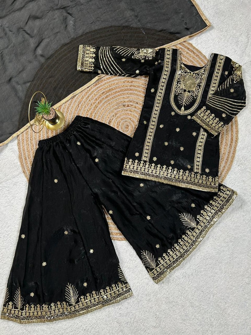 Evanik Black Embroidered Sequence Work Fendy Silk Kids Kurta Set | Grocsy