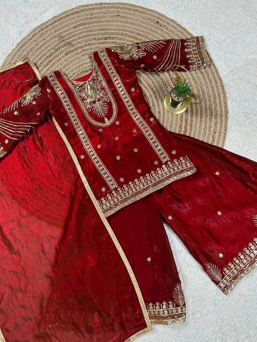 Evanik Red Embroidered Sequence Work Fendy Silk Kids Kurta Set | Grocsy