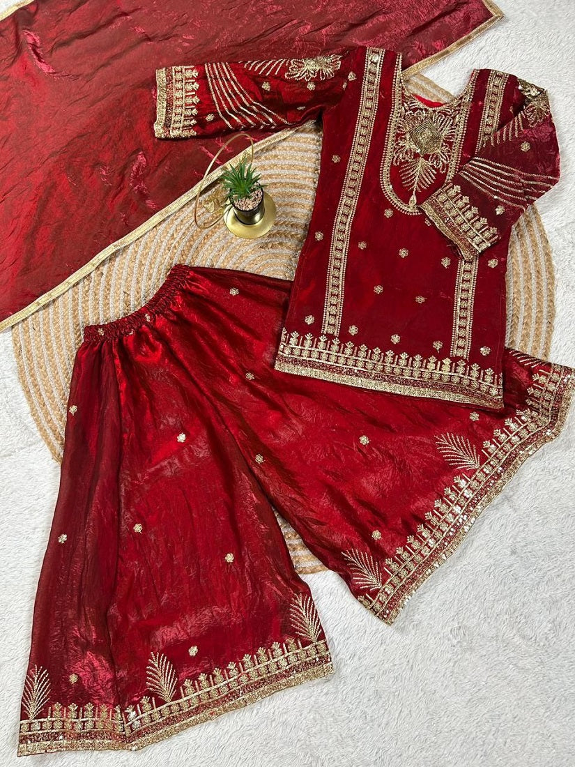 Evanik Red Embroidered Sequence Work Fendy Silk Kids Kurta Set | Grocsy