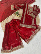 Evanik Red Embroidered Sequence Work Fendy Silk Kids Kurta Set | Grocsy