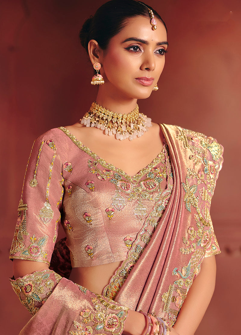 Monjolika Fashion Pink Silk Blend Embroidered Saree | Grocsy