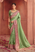 Monjolika Fashion Sea Green Silk Blend Embroidered Saree | Grocsy