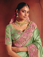 Monjolika Fashion Sea Green Silk Blend Embroidered Saree | Grocsy