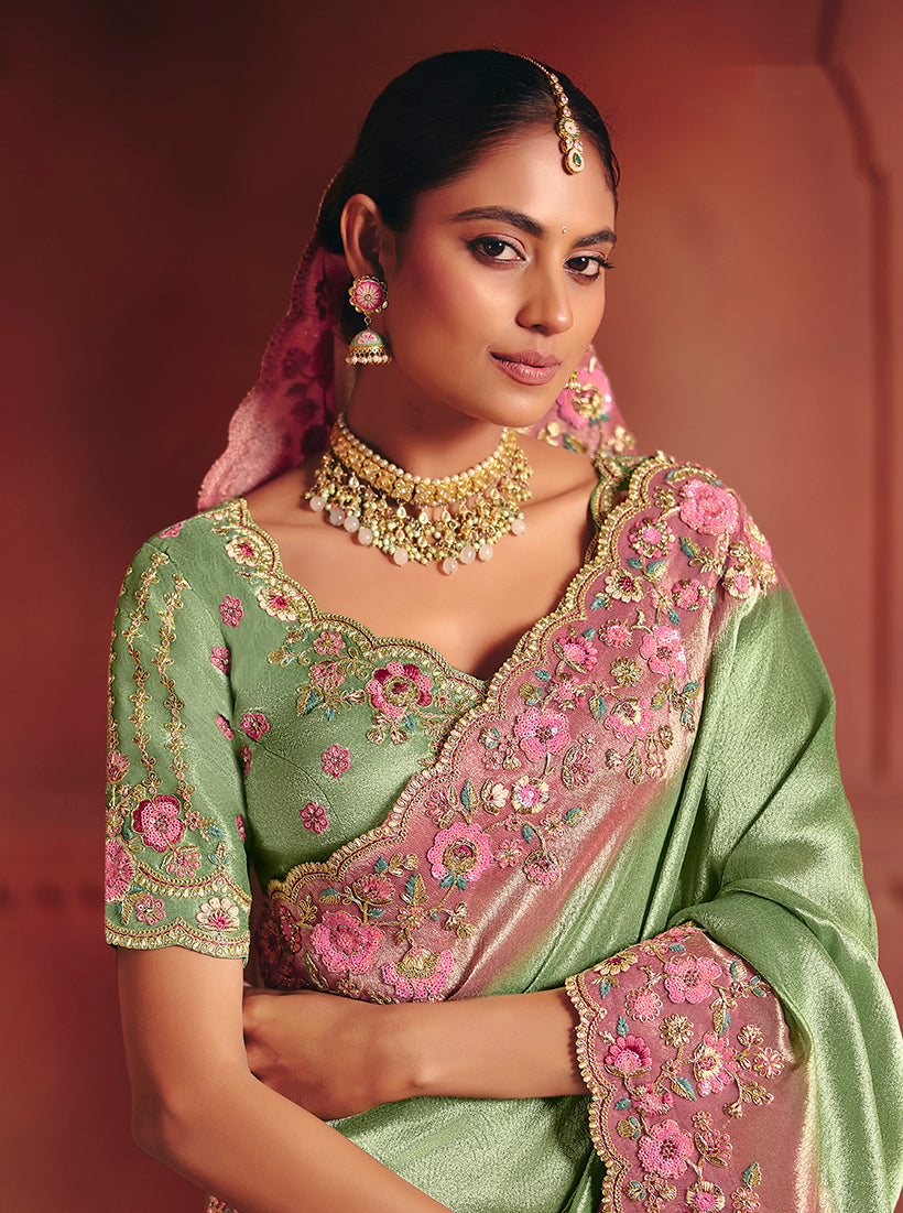 Monjolika Fashion Sea Green Silk Blend Embroidered Saree | Grocsy
