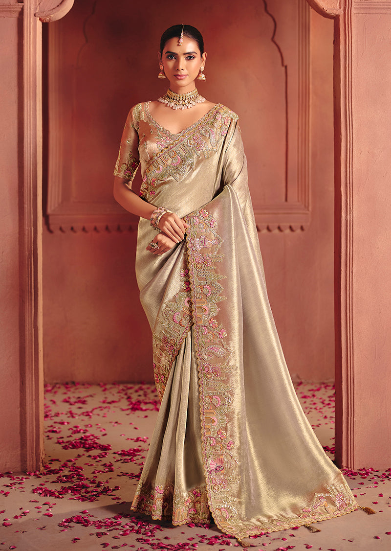 Monjolika Fashion Beige Silk Blend Embroidered Saree | Grocsy