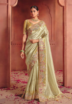 Monjolika Fashion Pista Green Silk Blend Embroidered Saree | Grocsy