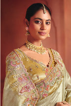 Monjolika Fashion Pista Green Silk Blend Embroidered Saree | Grocsy