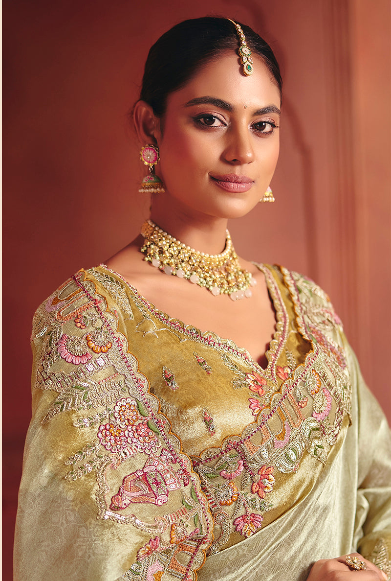 Monjolika Fashion Pista Green Silk Blend Embroidered Saree | Grocsy