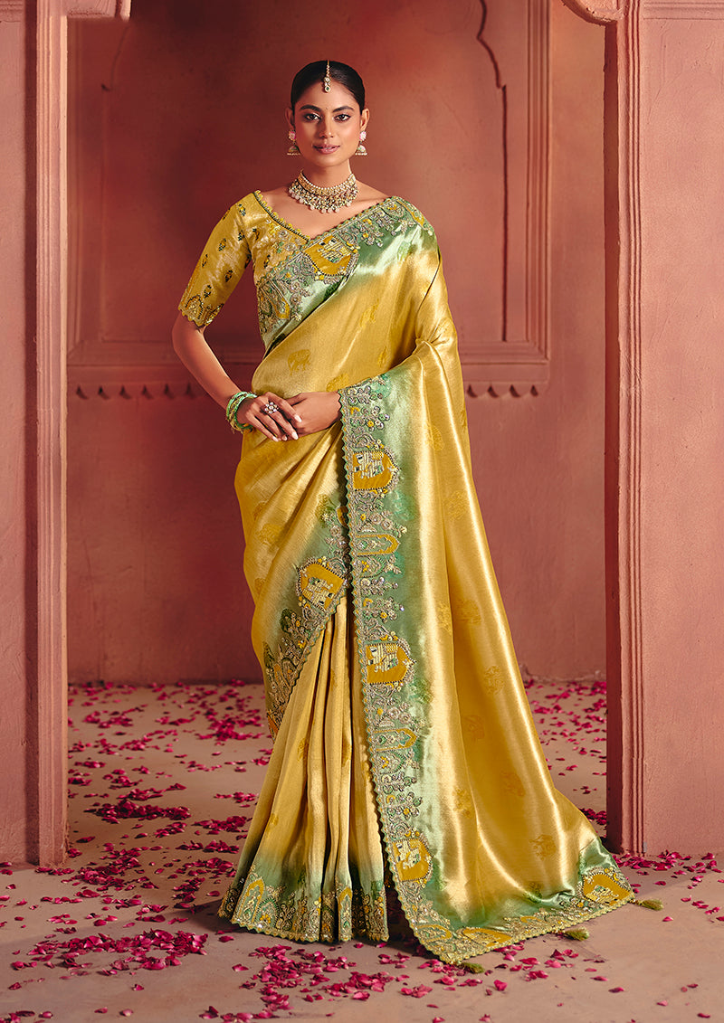 Monjolika Fashion Mustard Silk Blend Embroidered Saree | Grocsy