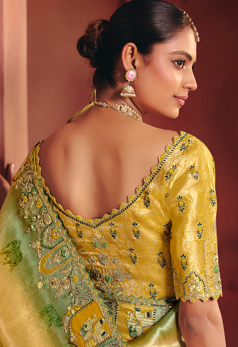 Monjolika Fashion Mustard Silk Blend Embroidered Saree | Grocsy