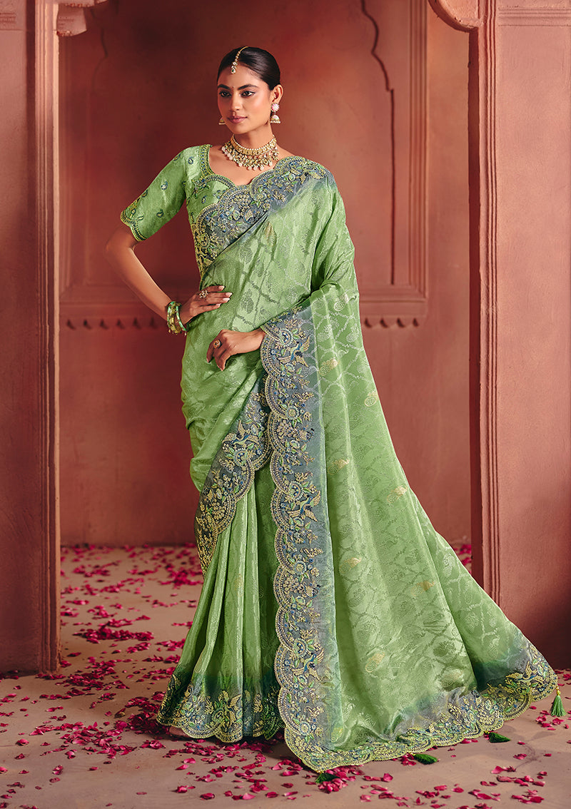 Monjolika Fashion Jacquard Sea Green Embroidered Wedding Saree | Grocsy