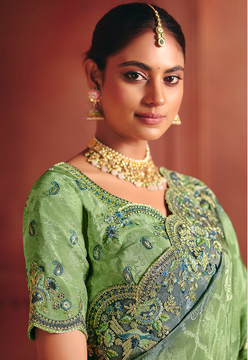 Monjolika Fashion Jacquard Sea Green Embroidered Wedding Saree | Grocsy