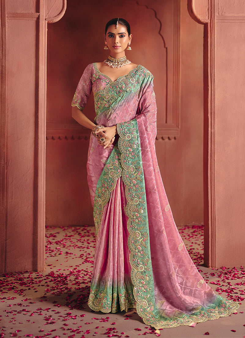 Monjolika Fashion Pink Silk Blend Embroidered Saree | Grocsy