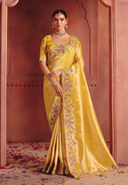 Monjolika Fashion Yellow Silk Blend Embroidered Saree | Grocsy