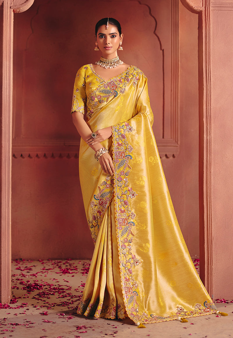Monjolika Fashion Yellow Silk Blend Embroidered Saree | Grocsy