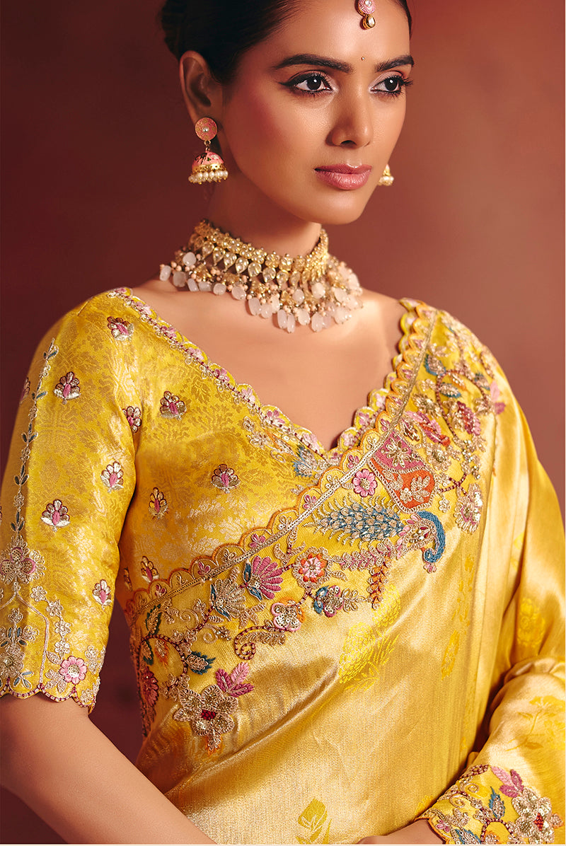 Monjolika Fashion Yellow Silk Blend Embroidered Saree | Grocsy