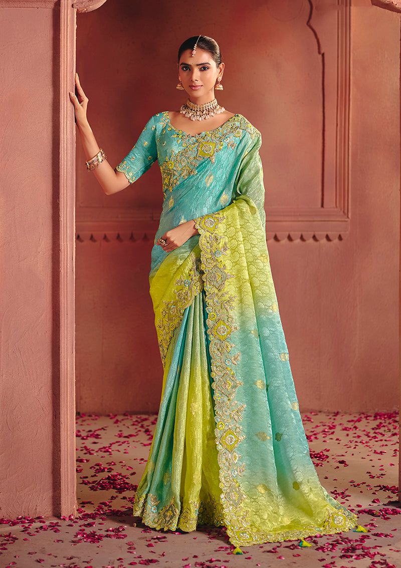 Monjolika Fashion Jacquard Multicolor Embroidered Wedding Saree | Grocsy