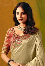 Monjolika Fashion Beige Embroidered Silk Blend Saree | Grocsy