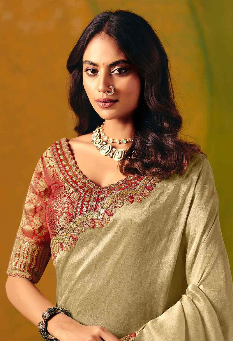 Monjolika Fashion Beige Embroidered Silk Blend Saree | Grocsy