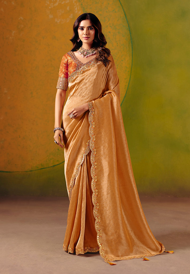 Monjolika Fashion Peach Embroidered Silk Blend Saree | Grocsy
