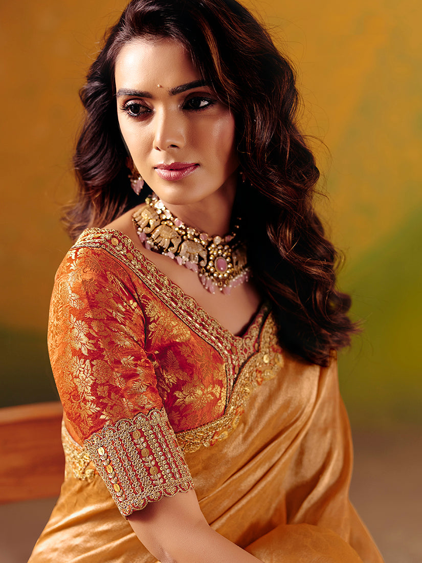 Monjolika Fashion Peach Embroidered Silk Blend Saree | Grocsy