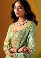 Monjolika Fashion Sea Green Embroidered Jacquard Saree | Grocsy