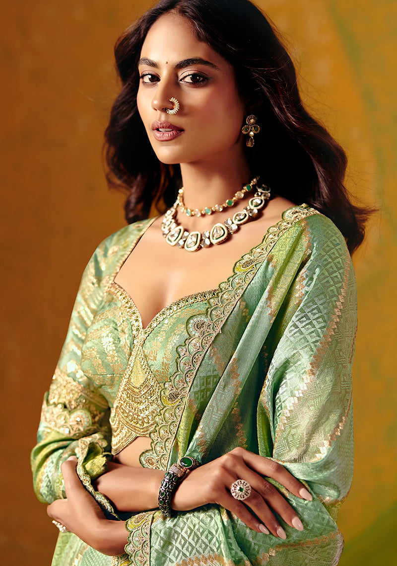 Monjolika Fashion Sea Green Embroidered Jacquard Saree | Grocsy