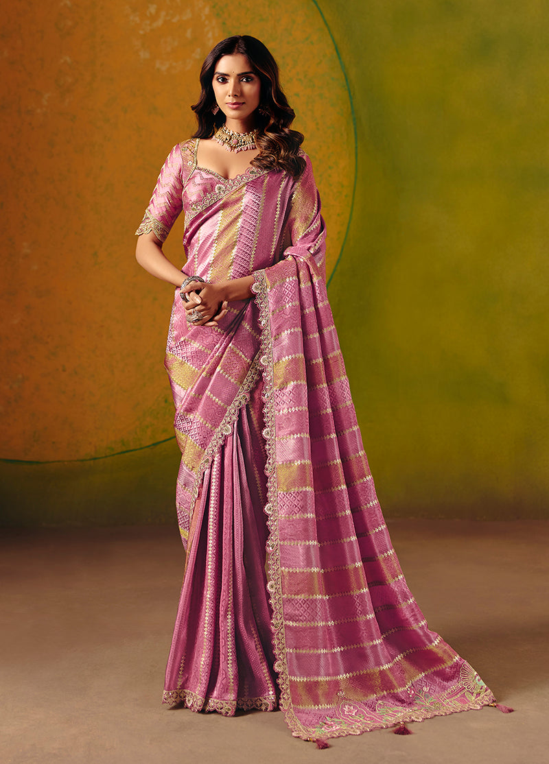 Monjolika Fashion Onion Pink Embroidered Jacquard Saree | Grocsy