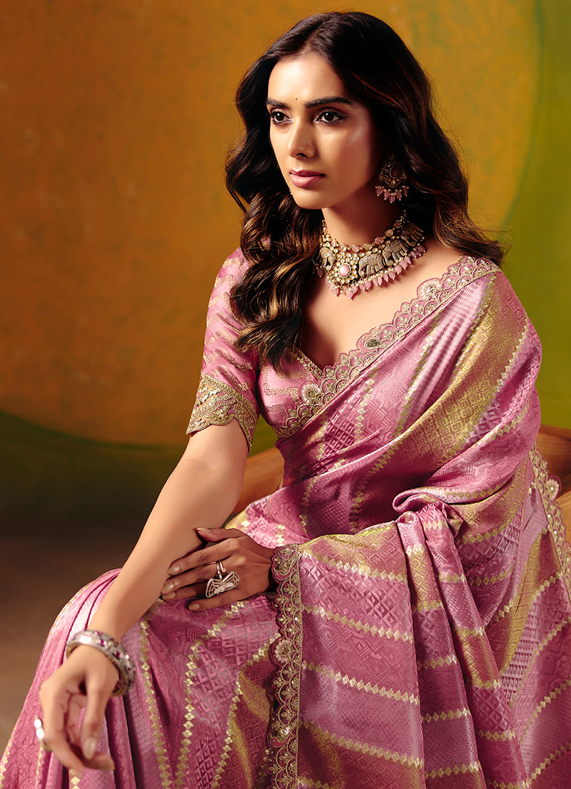 Monjolika Fashion Onion Pink Embroidered Jacquard Saree | Grocsy
