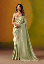 Monjolika Fashion Pista Green Embroidered Silk Blend Saree | Grocsy