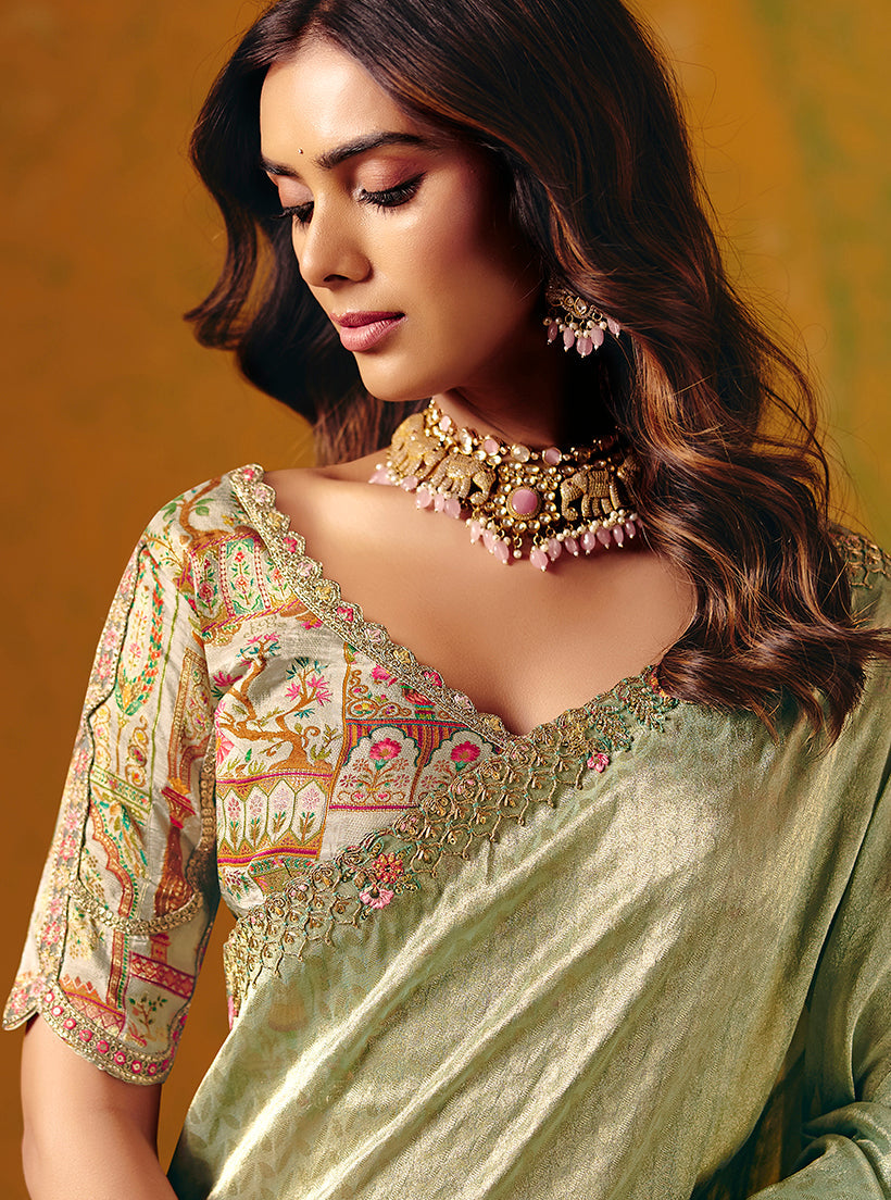 Monjolika Fashion Pista Green Embroidered Silk Blend Saree | Grocsy