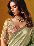 Monjolika Fashion Pista Green Embroidered Silk Blend Saree | Grocsy