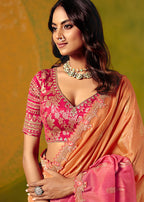 Monjolika Fashion Rani Pink & Peach Embroidered Silk Blend Saree | Grocsy