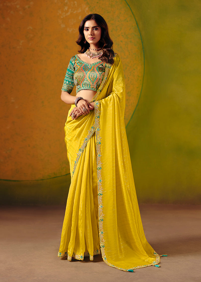 Monjolika Fashion Yellow Embroidered Silk Blend Saree | Grocsy