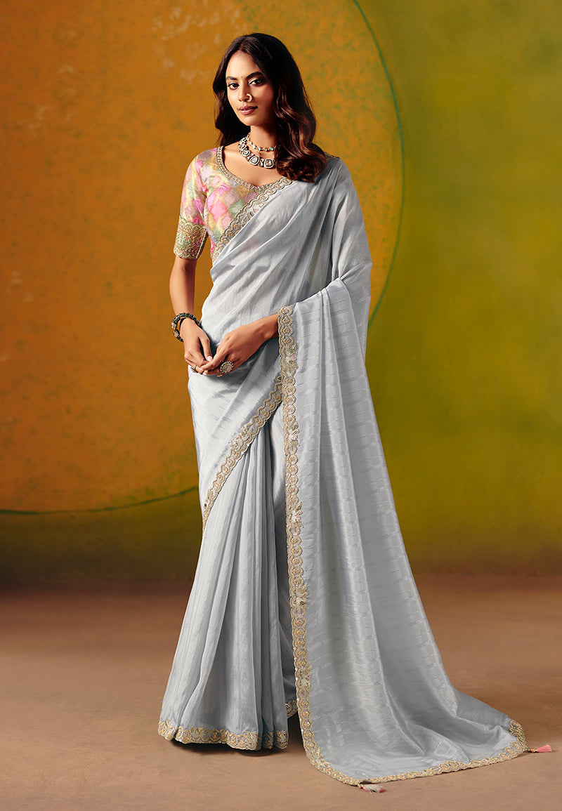 Monjolika Fashion Light Grey Embroidered Silk Blend Saree | Grocsy