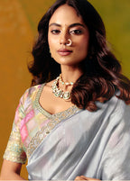 Monjolika Fashion Light Grey Embroidered Silk Blend Saree | Grocsy