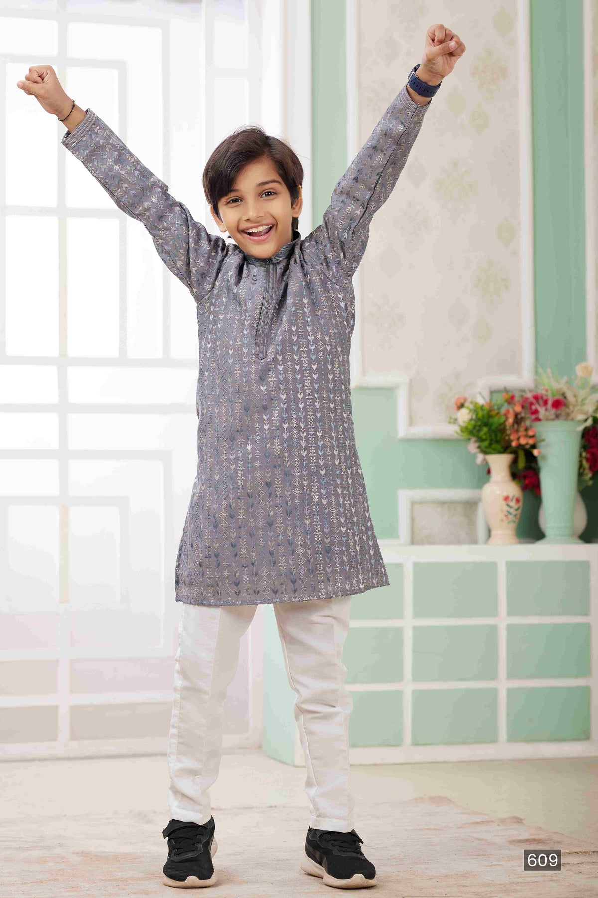 Raivat Ethnic Art Silk Embroidery Work Kids Kurta Pajama In Grey Colour | Grocsy