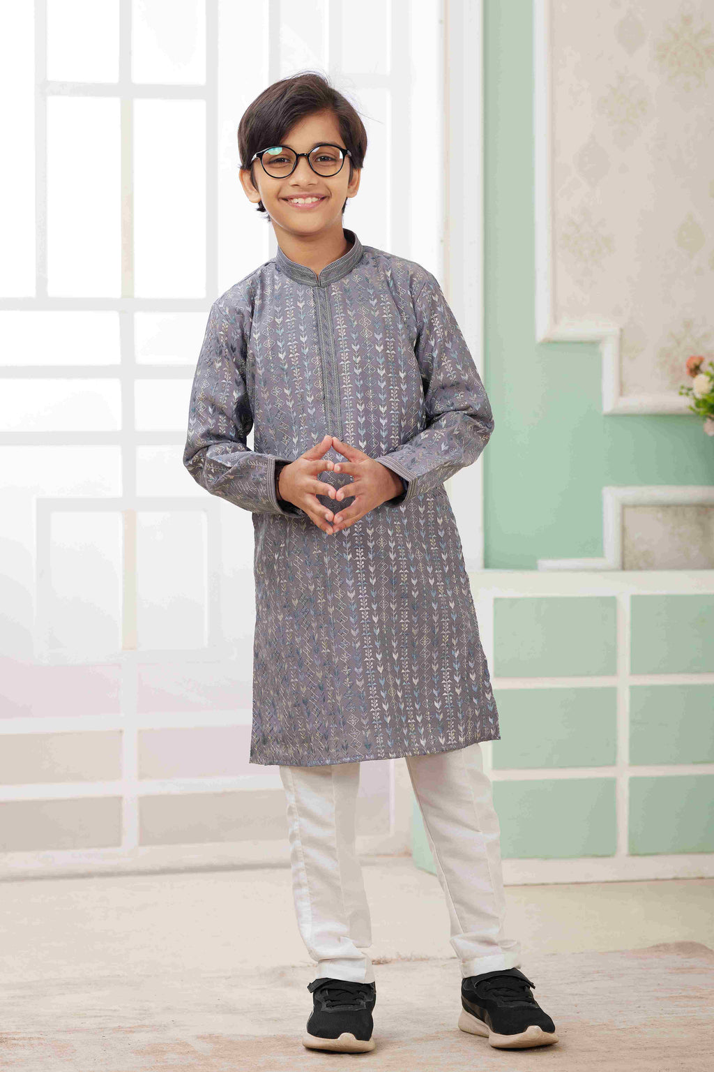 Raivat Ethnic Art Silk Embroidery Work Kids Kurta Pajama In Grey Colour | Grocsy
