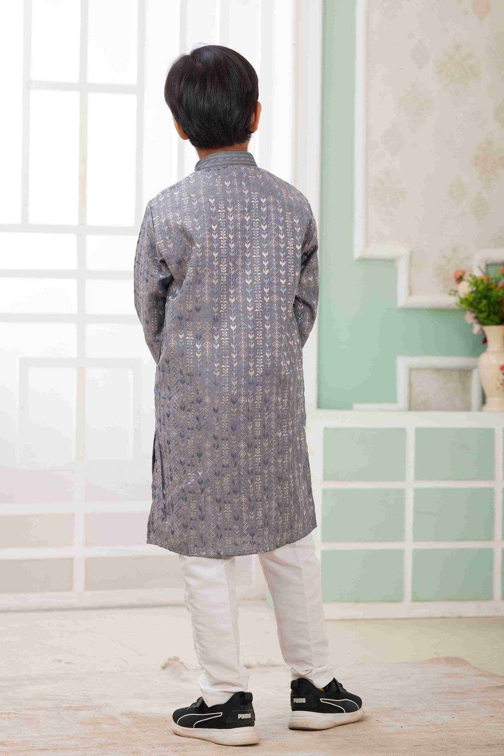 Raivat Ethnic Art Silk Embroidery Work Kids Kurta Pajama In Grey Colour | Grocsy