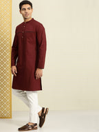 House of Pataudi Men Maroon Solid Straight Kurta | Grocsy