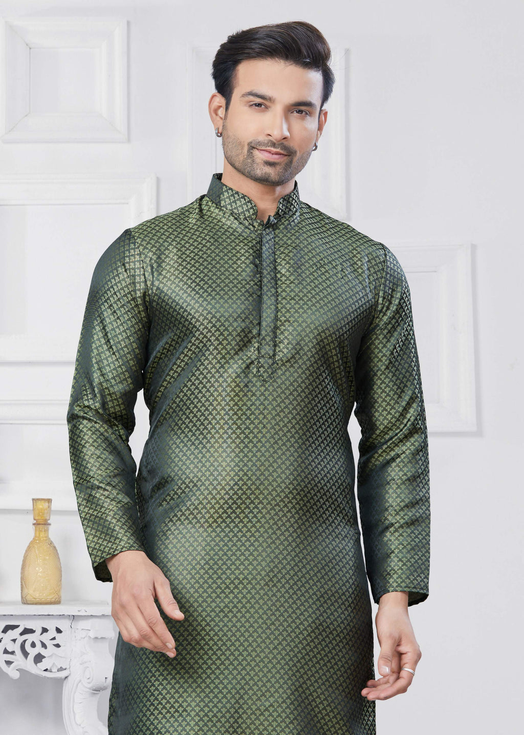 Joban Fashion Men's Jacquard Silk Green Printed Kurta Pyjama set | Grocsy