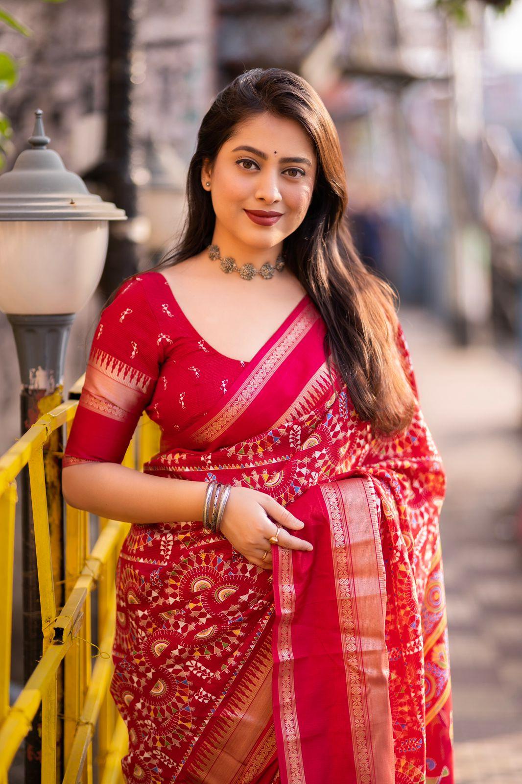 Red Cotton Blend Ethnic Motifs Saree with Unstitched Blouse - Hiral Fashion | Grocsy