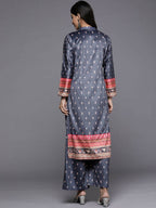 Ahalyaa Women Navy Blue Ethnic Motifs Printed Gotta Patti Velvet Kurta with Palazzos | Grocsy