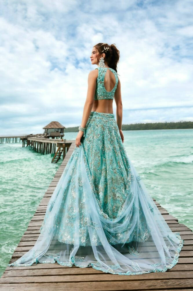 House of Panchhi Turquoise Blue Net Sequins And Zarkan Embroidery Lehenga Choli & Dupatta | Grocsy