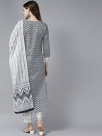 Yufta Women Black White Ethnic Motifs Pure Cotton Kurta with Palazzo and Dupatta | Grocsy