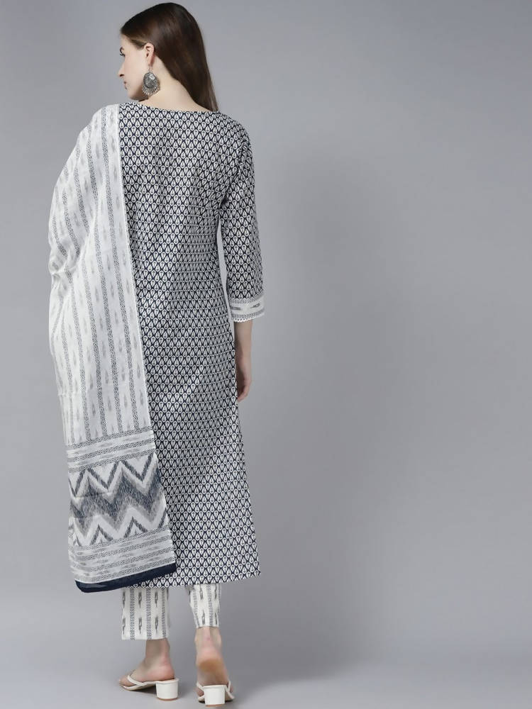 Yufta Women Black White Ethnic Motifs Pure Cotton Kurta with Palazzo and Dupatta | Grocsy