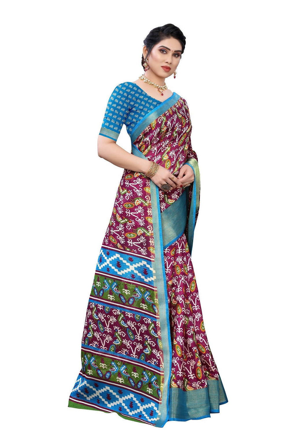 Vamika Purple and Blue Linen Jari Border Saree Online At Low Price | Grocsy